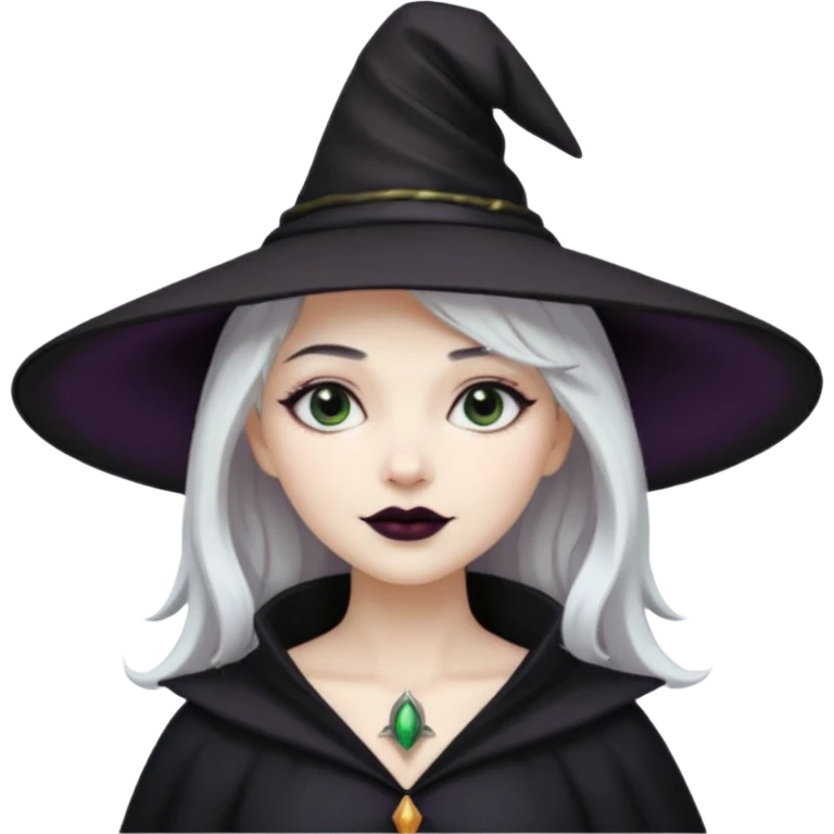 White hair pale skin woman with black lipstick wearing a witch hat emoji
