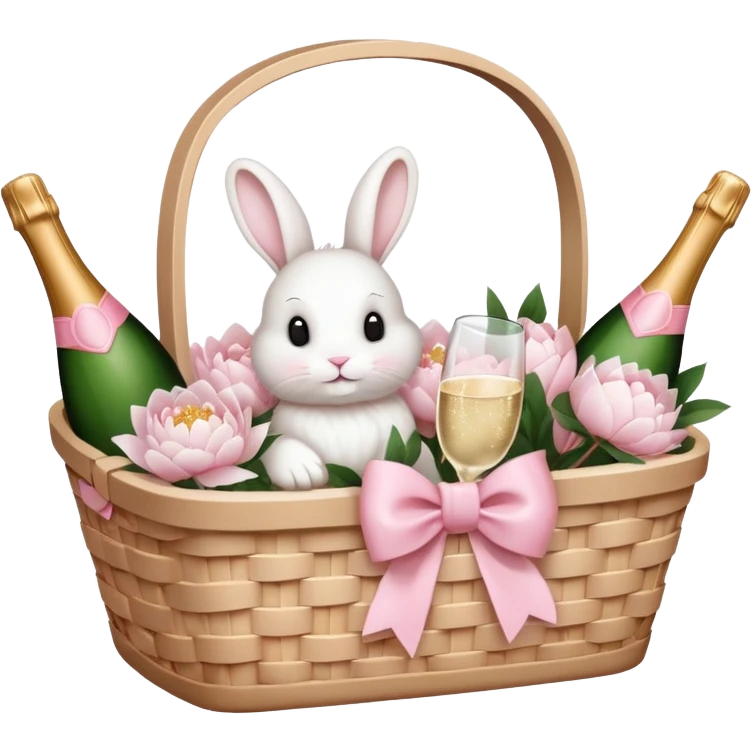A white Picnic basket with light pink bow, white peonies, a white rabbit and one pink champage bottle inside emoji