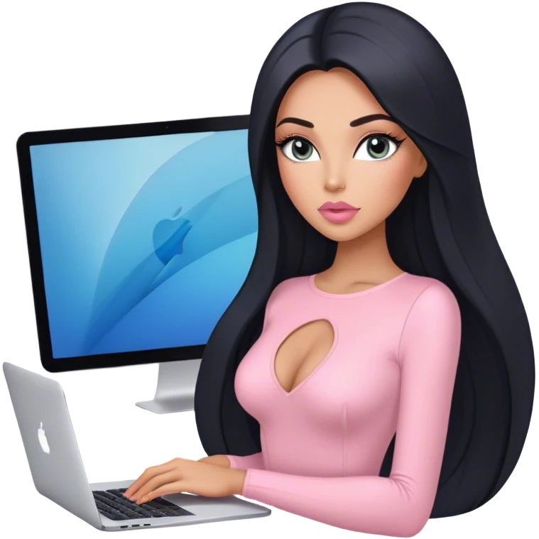Glamours, tanned, very beautiful girl, with big pump peach-beige-rose lips, long lashes, black straight smooth silky long hair, straight parting hair, blue-grey eyes, in light-pink bodysuit holding MacBook emoji