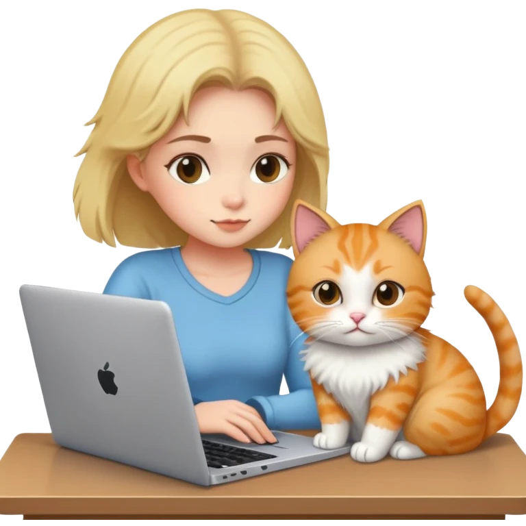 A girl is working hard on a laptop with a cat next to it emoji
