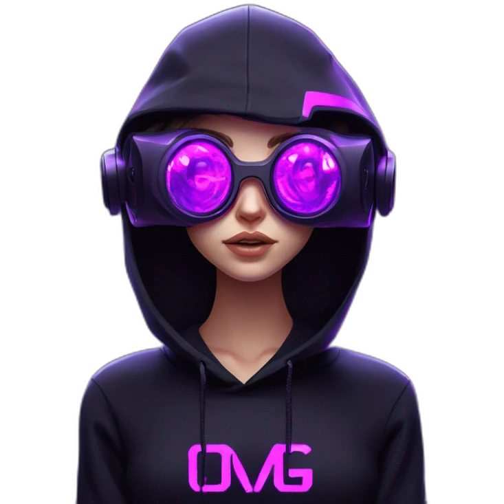 Russian girl wearing black hoody with violet letters "OMG", in vr headset. Cyberpunk style. Violet neon. emoji