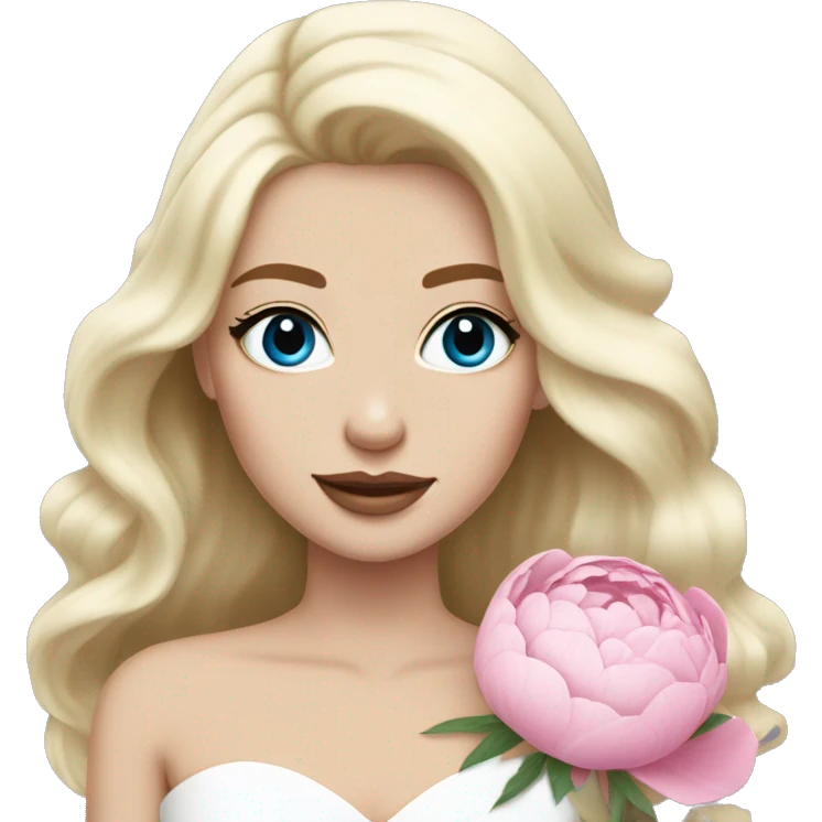 White bride with long light blonde hair and blue eyes with light pink peonies in hair white skin light pink lips emoji