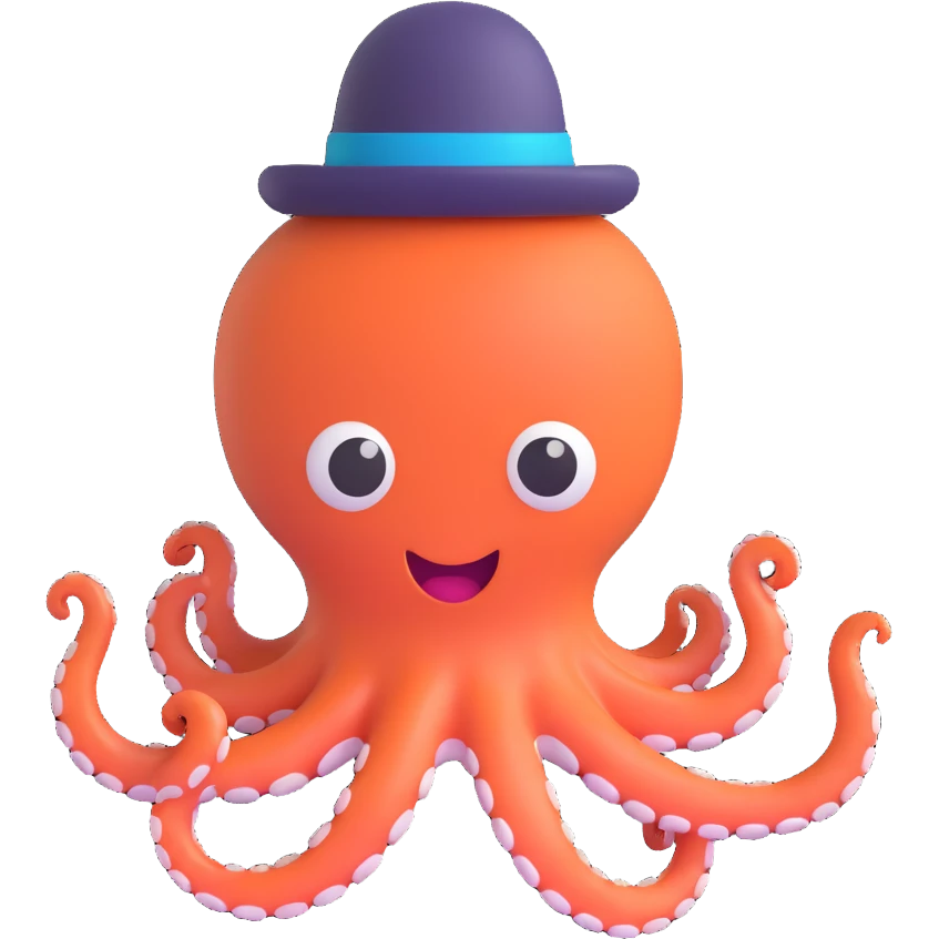 excited octopus wearing a tiny hat, 3D emoji style emoji