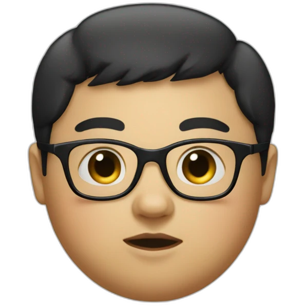 A fat kid with very short black hair and glasses and a bed in the bacl emoji
