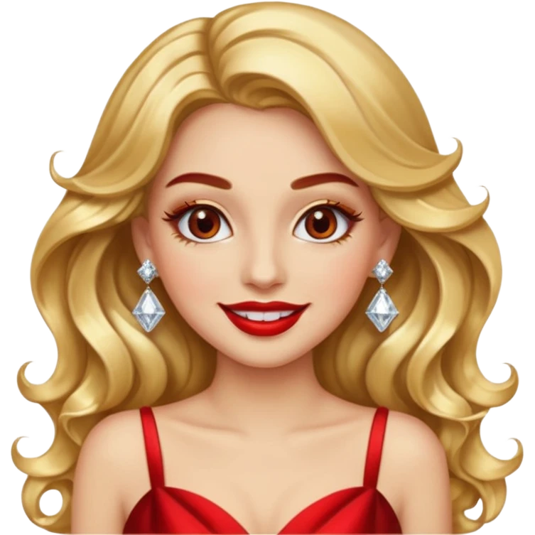 “Emoji girl, glamorous smile, shimmering gold eyeshadow, bold red lips, voluminous waves, dramatic lashes, wearing diamond earrings and gold gown.” emoji