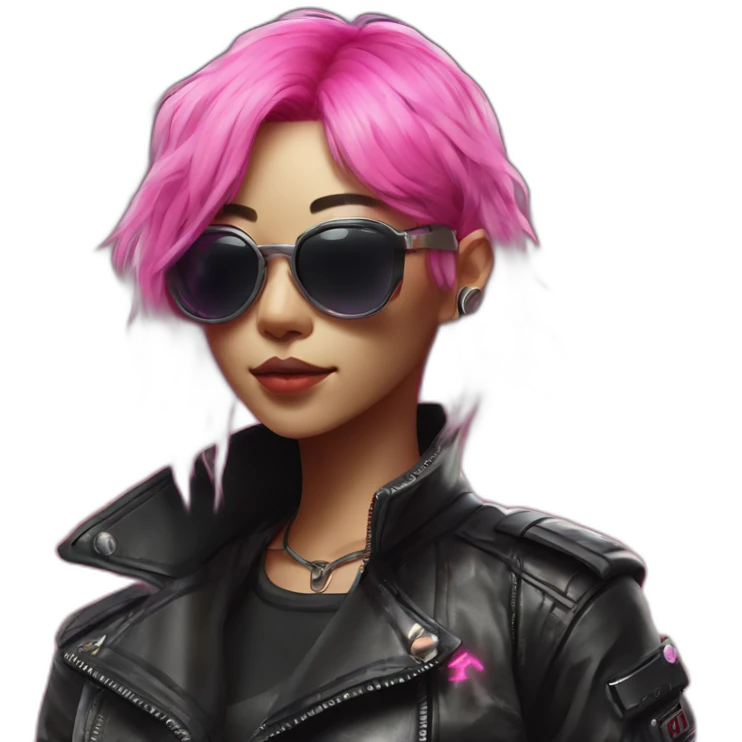 A Japanese woman with Pink hair wearing sunglases with Neon highlights and is also waering a leather jacket in a cyberpunk style emoji