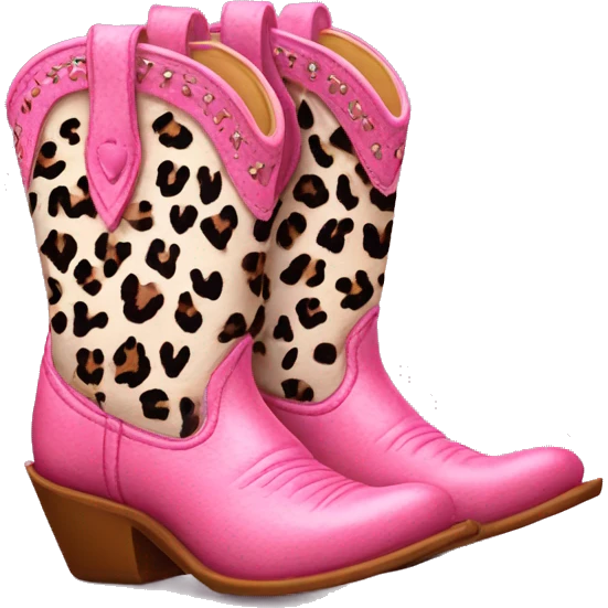 Realistic pair of isolated leather cowgirl boots with pink leopard print hearts on them. emoji