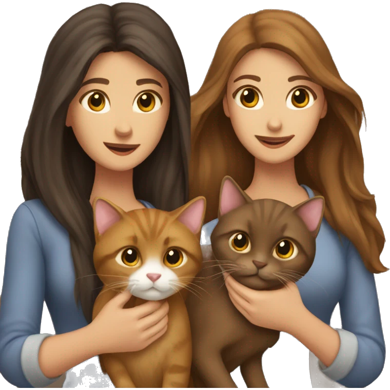 Two long hair brunettes keeping two brown cats in their hands emoji