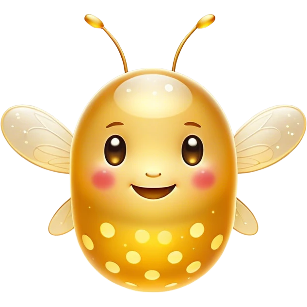 Cinematic tiny glowing firefly, round and chubby, soft golden light, tiny happy face, gentle floating motion, surrounded by dreamy sparkling dots. emoji