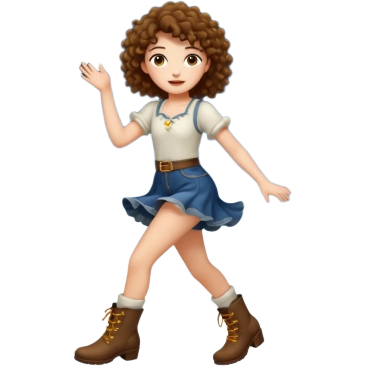 full body woman short curly brown mullet hair brown eyes white skin dancing with fireflies around boots emoji