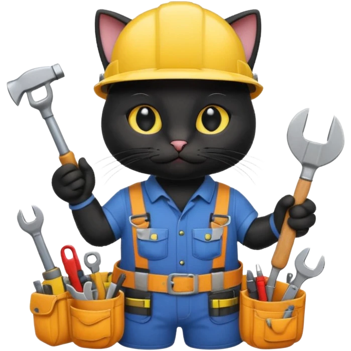 black cat, handyman Outfit, wearing a Helmet emoji