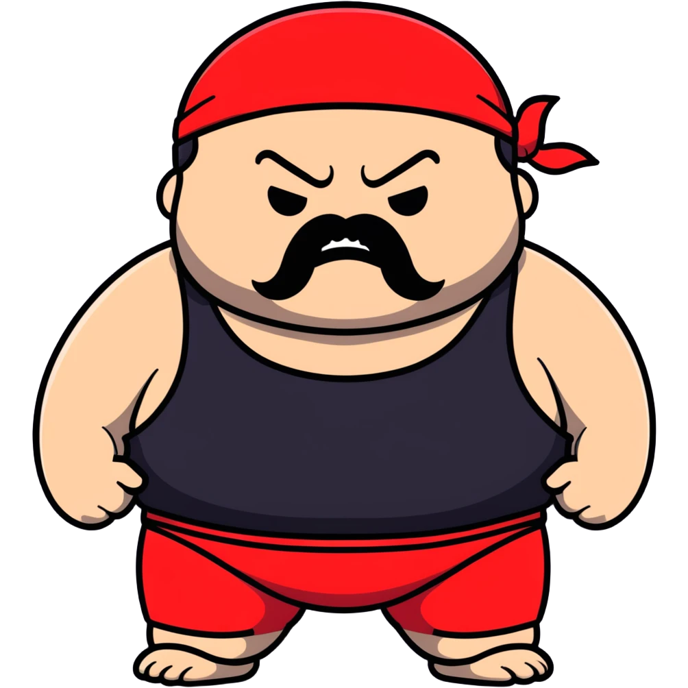 Close-up of morbidly obese white skin guy with young face, prominent BLACK DURAG tied clearly on head, distinct black beard and mustache, no muscle, black eyes in a red and black wrestling singlet with angry face emoji
