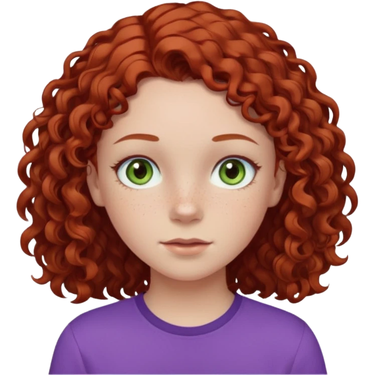 pale white teen girl with light blueish green eyes and freckles with brownish red curly middle part hair and purple shirt emoji