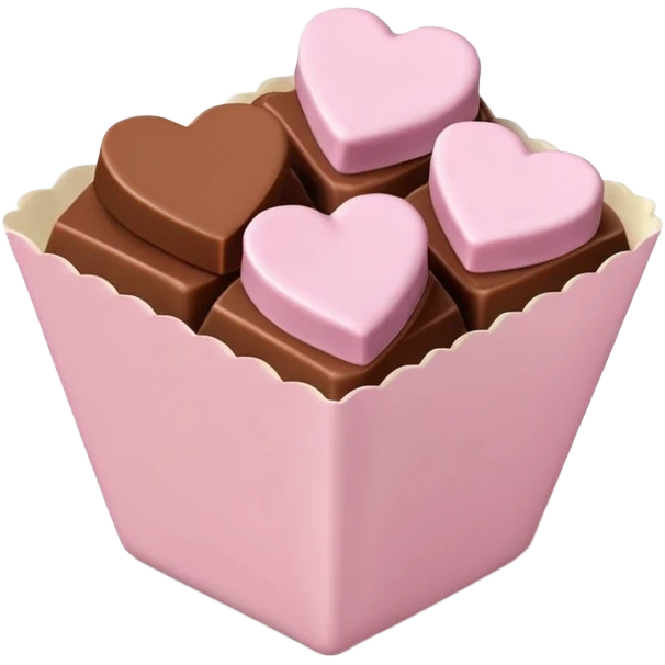 Two square milk chocolate , Each praline is a sharp-edged cube with smooth glossy chocolate coating, placed in a small white fluted paper candy cup. On top of each cube is a flat pastel pink heart-shaped icing emoji
