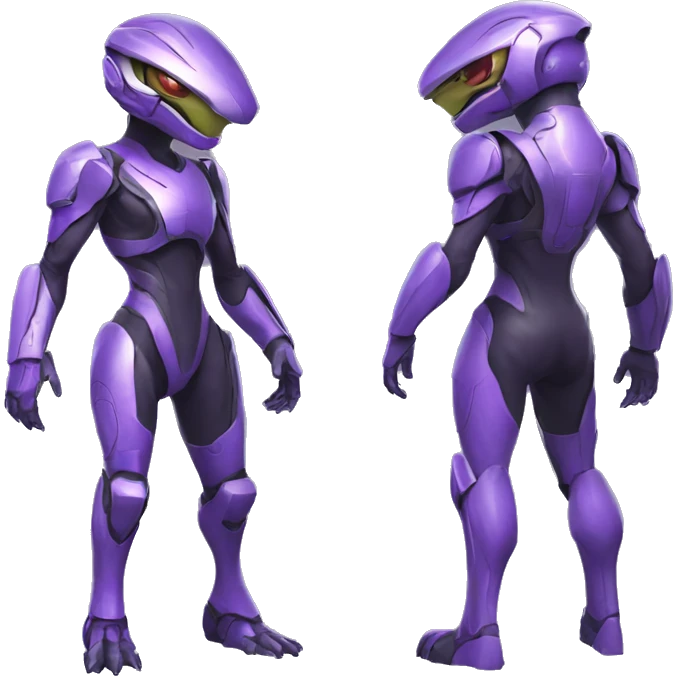 A purple Reptile-Raptor-Alien-Genesect-Mewtwo-Fakémon, with a futuristic visor-helmet, wearing a techwear-suit, Full Body emoji