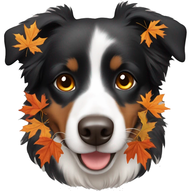 Small black australian shepherd dog wearing autumn leaves emoji