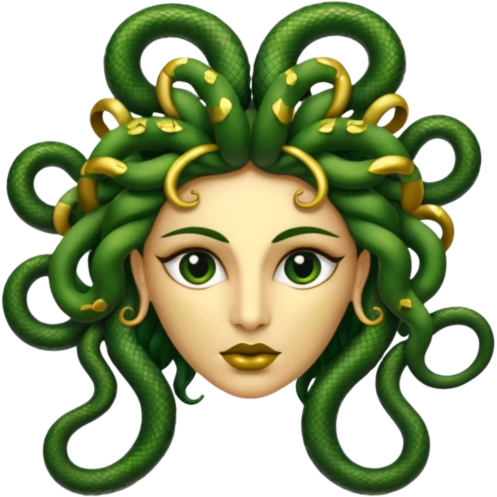 The Sicilian Medusa in gold and green and make the snake hair have snake faces  emoji