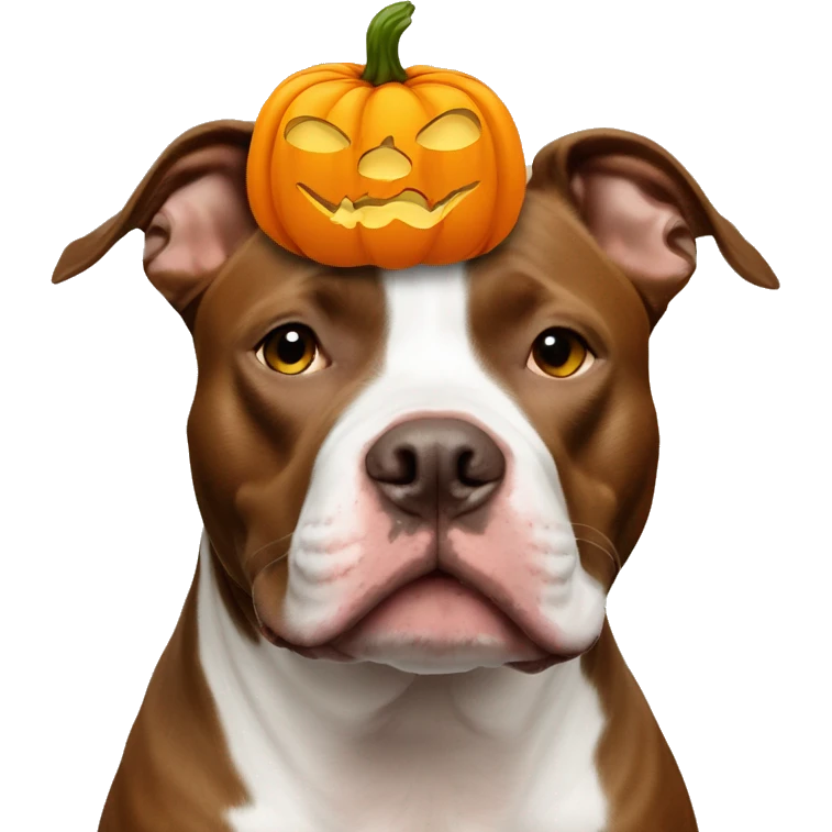 Brown and white pitbull with a pumpkin on her head emoji