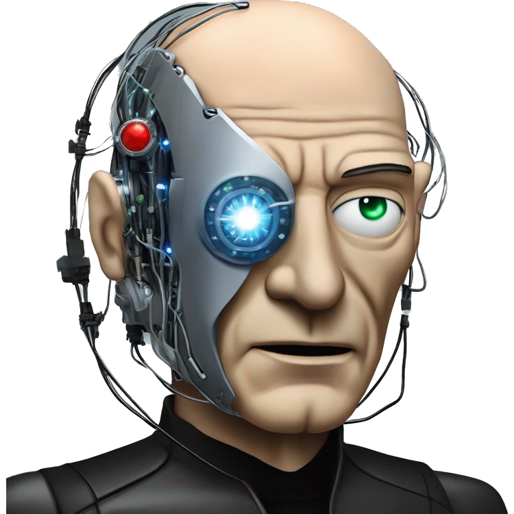 Jean luc picard from Star Trek assimilated by the Borg, with mechanical metal covering the left side of his face, with wires and a red light on the left side. Both his eyes are blue. emoji