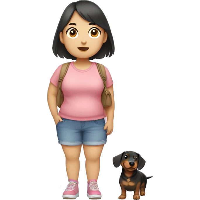 Short chubby asian girl wearing shorts and crocs holding a dachsund emoji