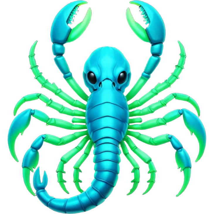 3D render of Radioactive Scorpion, bioluminescent deep sea style, glowing neon blue and green lights, dark background to contrast the glow, translucent organic textures, more emission. emoji