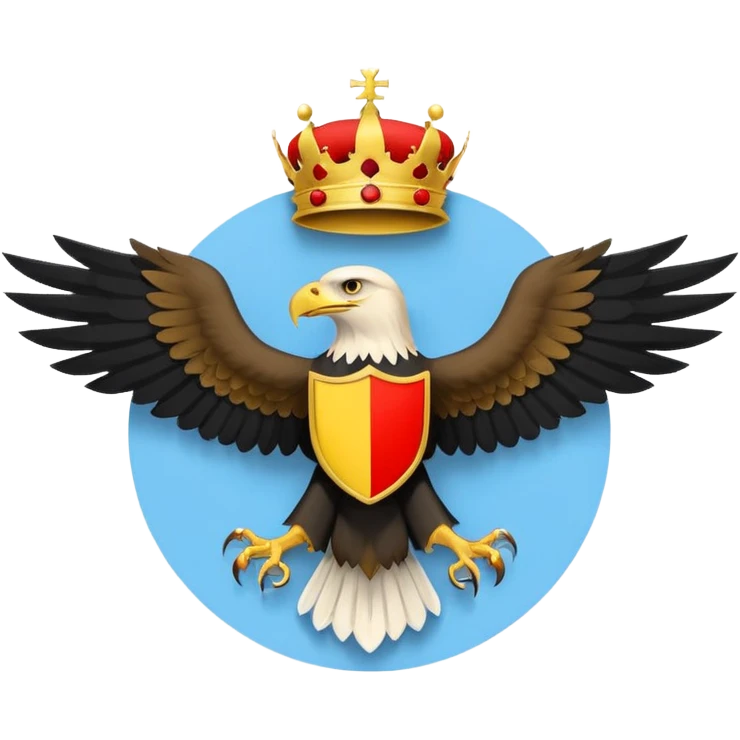 A light blue flag featuring a red and black horizontal stripe across the center. In the middle, a yellow circle contains a golden heraldic eagle with spread wings and a small crown above its head. Flat 2D vector style. emoji