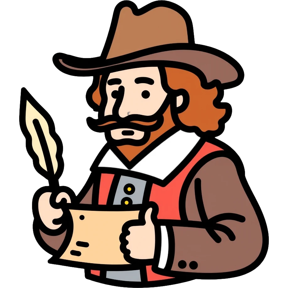 Shakespeare in a cowboy outfit with a scroll and quill emoji