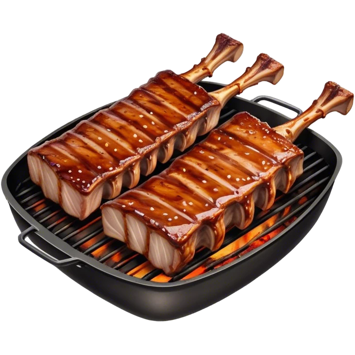 Cinematic juicy grilled ribs, glistening with smoky barbecue sauce, charred edges, tender meat falling off the bone, sizzling on a hot grill, mouthwatering and rich, warm and inviting, ultra-realistic and delicious. emoji