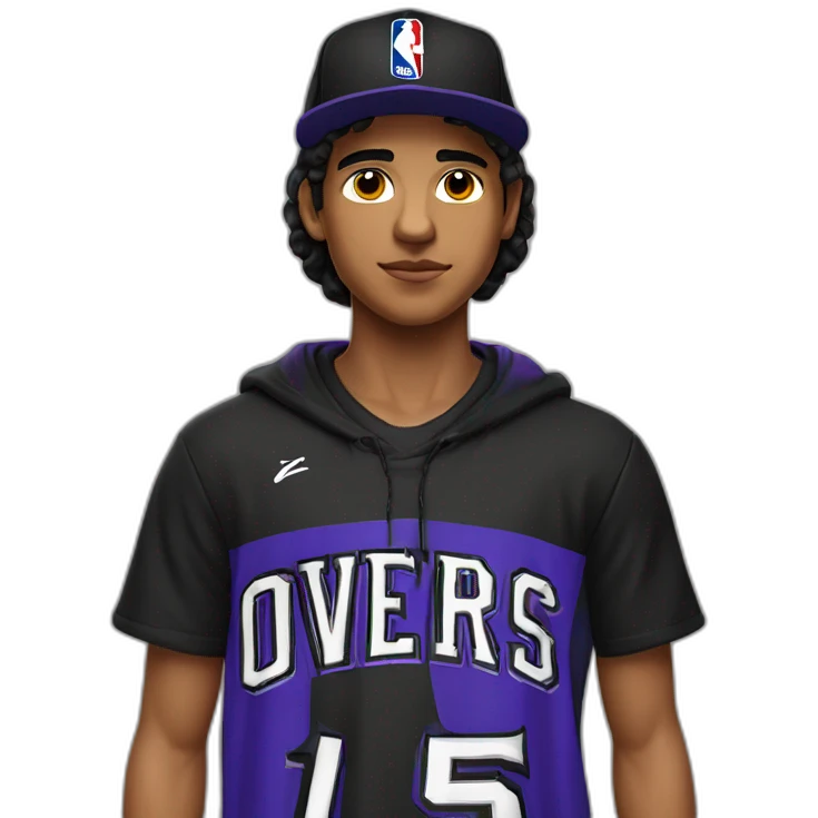 adolescente moreno de 19 años con gorra nba negra cerrada y remera negra oversize emoji
