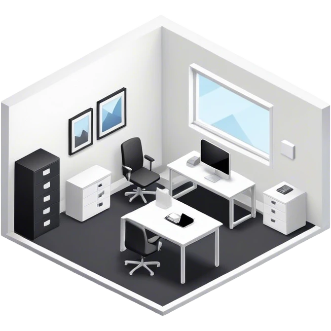 An isometric 3D room with two white walls that meet at the back left and right and a single Window. Black and White Office Room with a single desk emoji