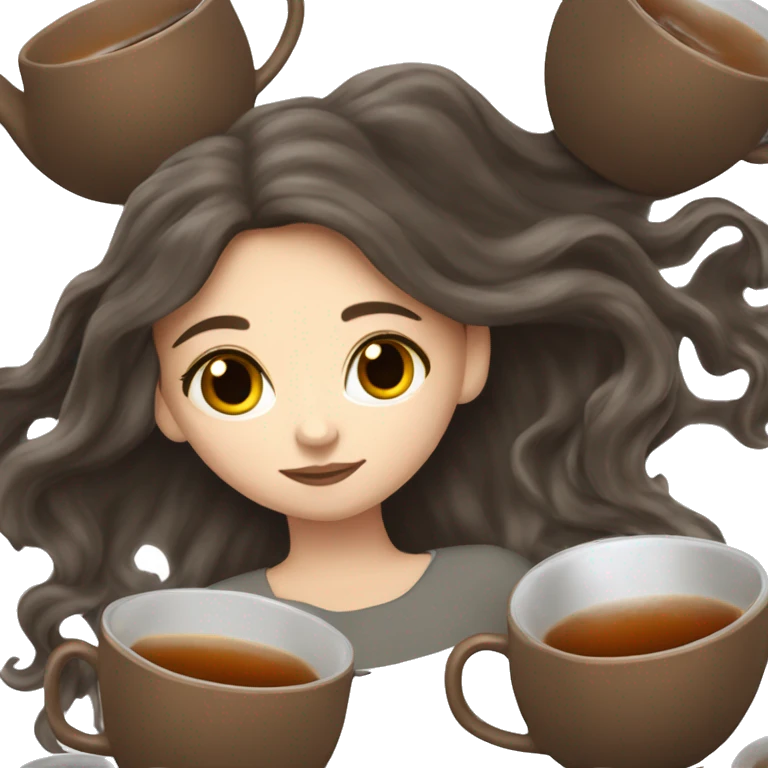 white girl with dark brown long hair holding an Earl grey tea emoji
