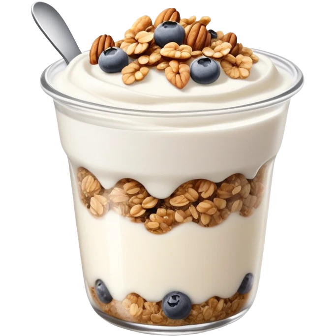 Greek yogurt cup with protein granola and chia seeds sprinkled on top emoji