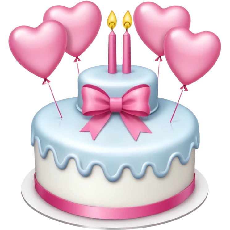 white heart shaped birthday cake with pink bow, pink balloons in background  emoji