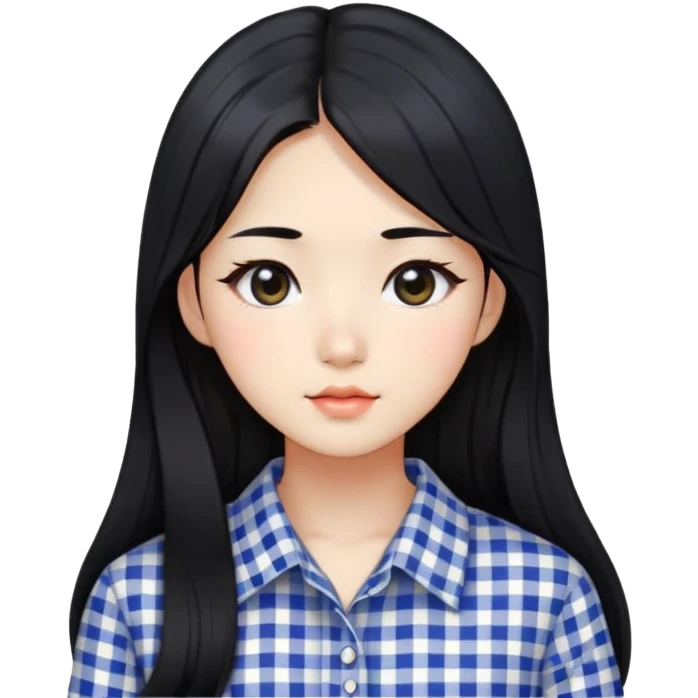 Beautiful girl,Black hair,long hair,Black eyes,Korean, check pattern shirts emoji