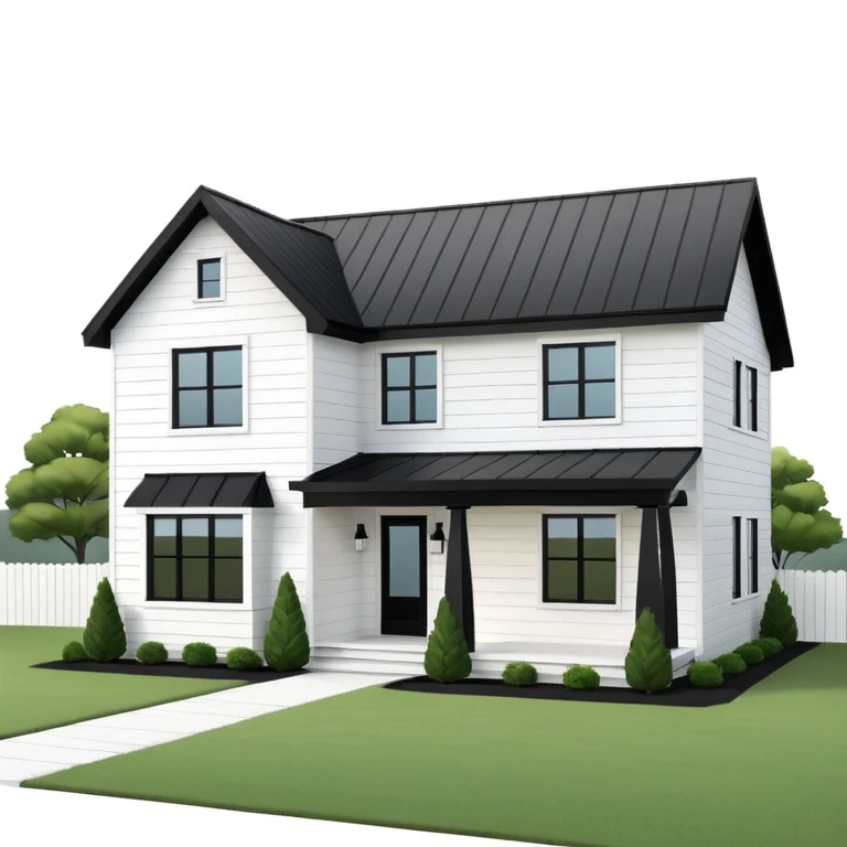 modern farmhouse with white siding, black roof and black trim, exterior view, 3d emoji