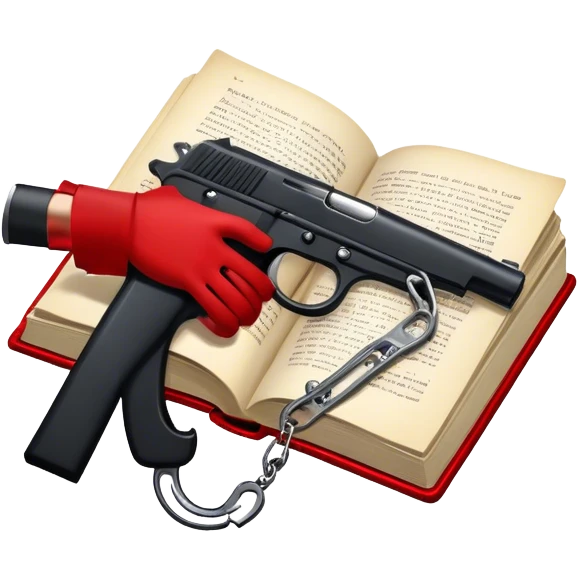 Icon for Action & Crime Reading: an open book with dramatic action scenes, surrounded by a gun, handcuffs, a badge, and a shadowy figure. The icon should evoke suspense, danger, and intrigue of crime and action stories. Transparent background. emoji