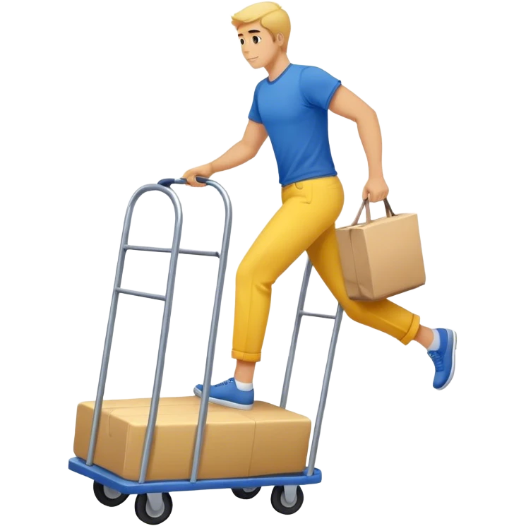 man in blue pants and yellow t-shirt, moving a sofa on trolly emoji