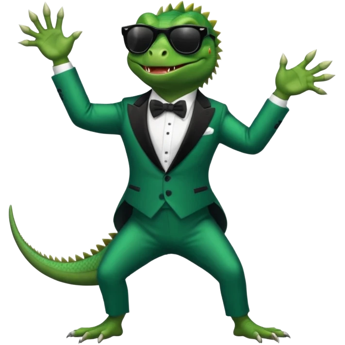 capitalist iguana in tuxedo with black sunglasses dancing emoji