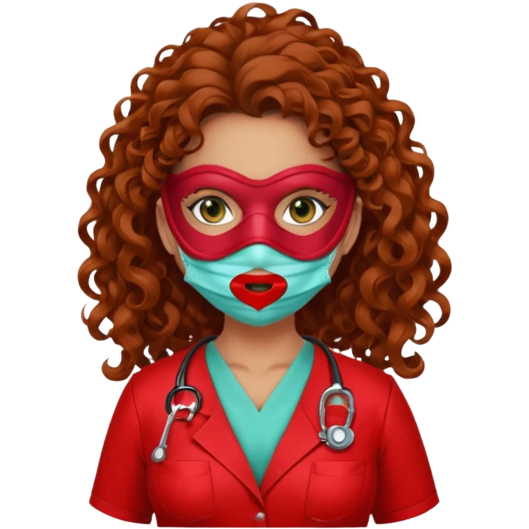 Sensual Spanish Lilith core evil surgeon.red outfit.  Surgeon has hazel-green eyes. Her hair is BROWN. Hair is also  long and  curly. wearing a sexy surgeon outfit with platform  heels.she is a calculated killer. She covers only her mouth and nose with mask to hide identity carries  emoji