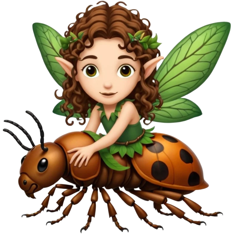 tiny forest elf long curly brown hair tattoos riding beetle emoji
