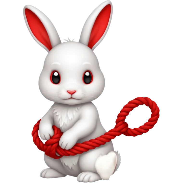 White realistic bunny with red rope tangled around emoji