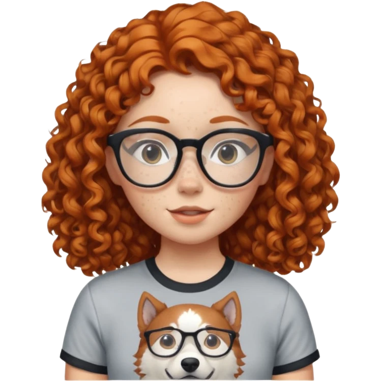 make a ginger girl with freckles and glasess. make her hair curly and she has a husky on her shirt emoji