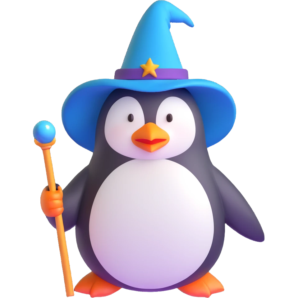 penguin wizard with magical hat and wand emoji