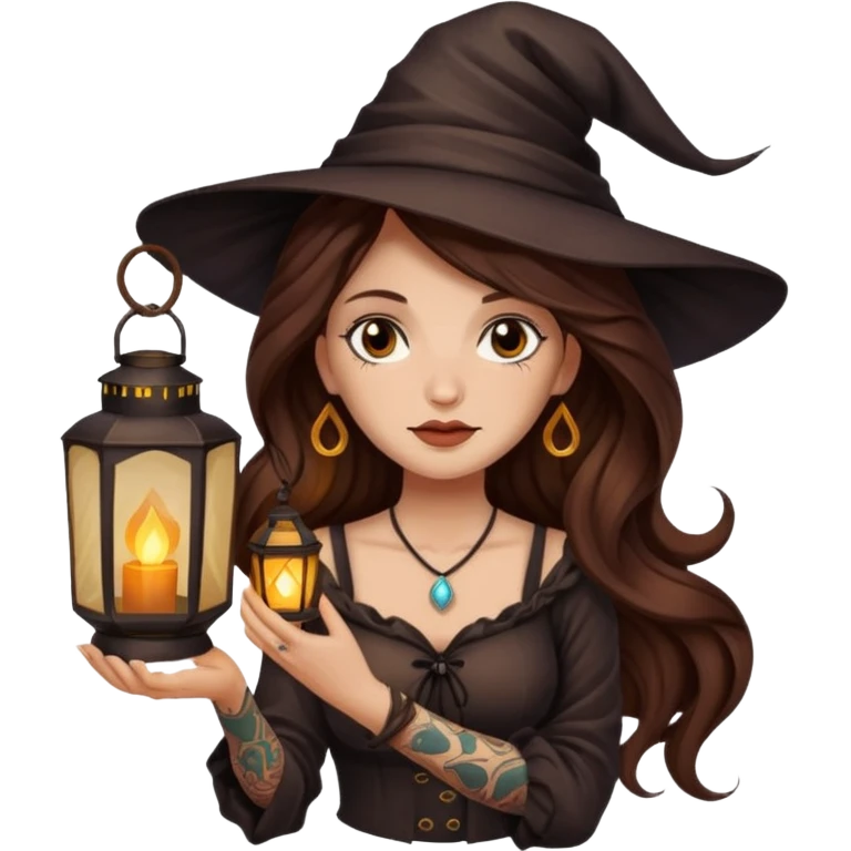 tired night witch woman long wavy brown hair tattoos holding lantern emoji