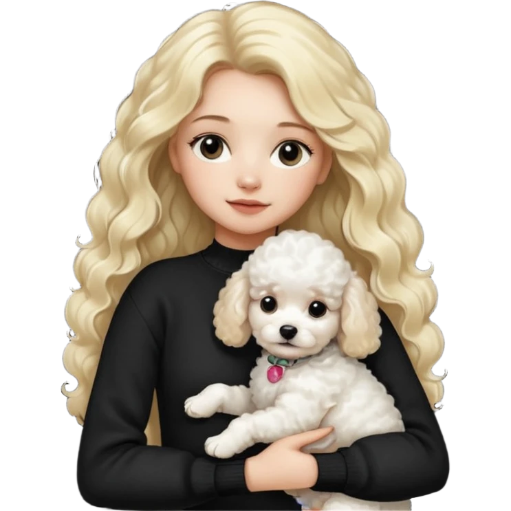 blonde girl with long hair in a black sweater holds a Poodle puppy in her arms emoji