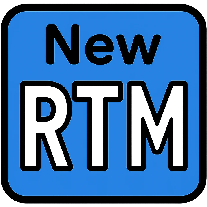 enclosed blue square icon with white letters 'New' at the top inside the box and larger white letters 'RTM' in the middle inside the box emoji