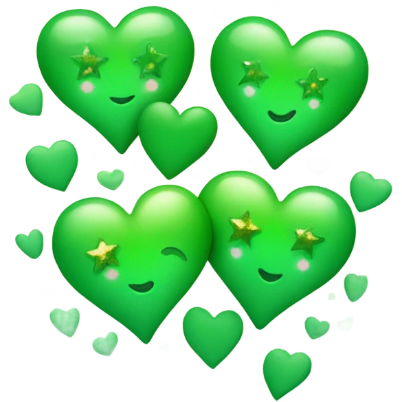 Three green hearts small one smaller than the other with sparkles and stars emoji