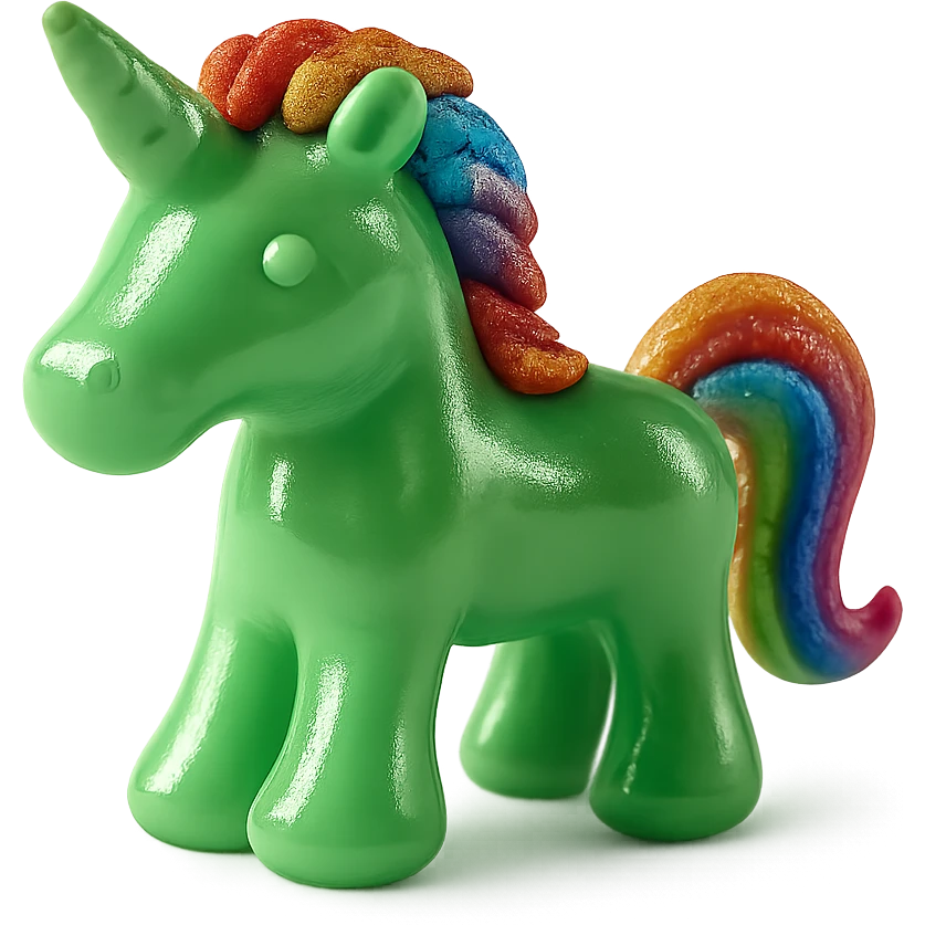 Add a shimmering rainbow mane and tail to the green unicorn-shaped candy, photorealistic style, keep the background transparent. emoji