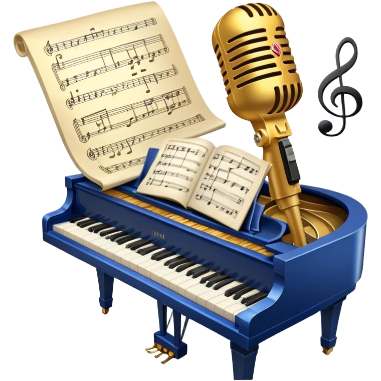 Create an elegant and refined emoji that represents classical or academic vocal performance. The design should feature a microphone, sheet music with musical notes, and a treble clef to symbolize the vocal artistry and music theory behind academic singing. Add subtle elements like a vocal warm-up chart or a grand piano to reflect the classical training. Use classic colors like gold, silver, and deep blue to emphasize sophistication and professionalism. The background should be transparent. emoji