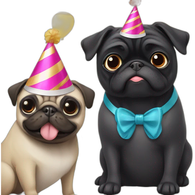 pug and black pug wearing birthday hat emoji